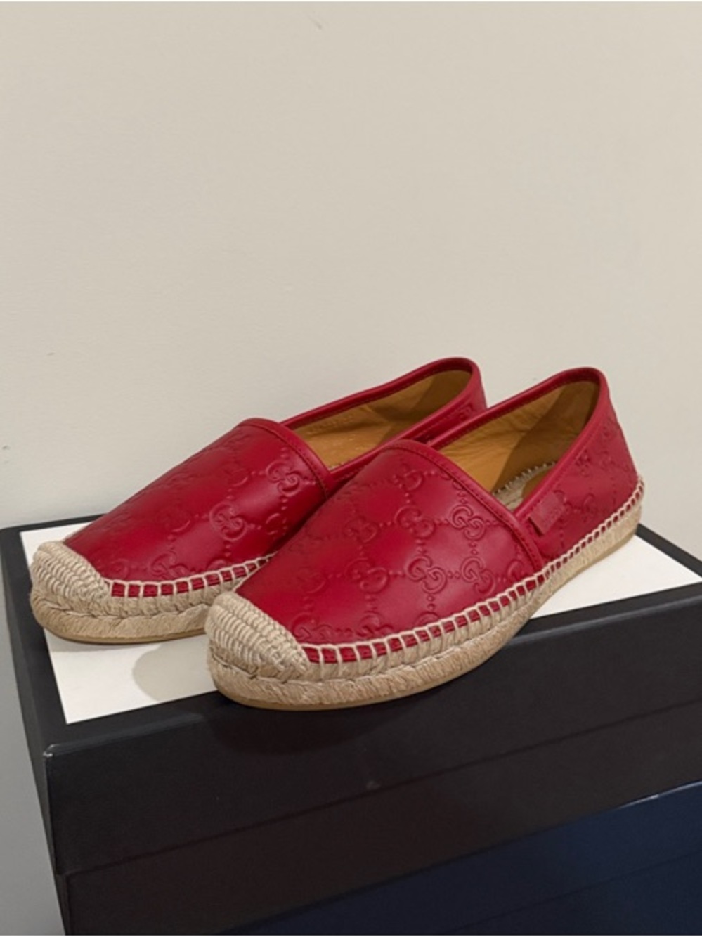 Gucci Red Logo-Embossed Leather Espadrille Flats